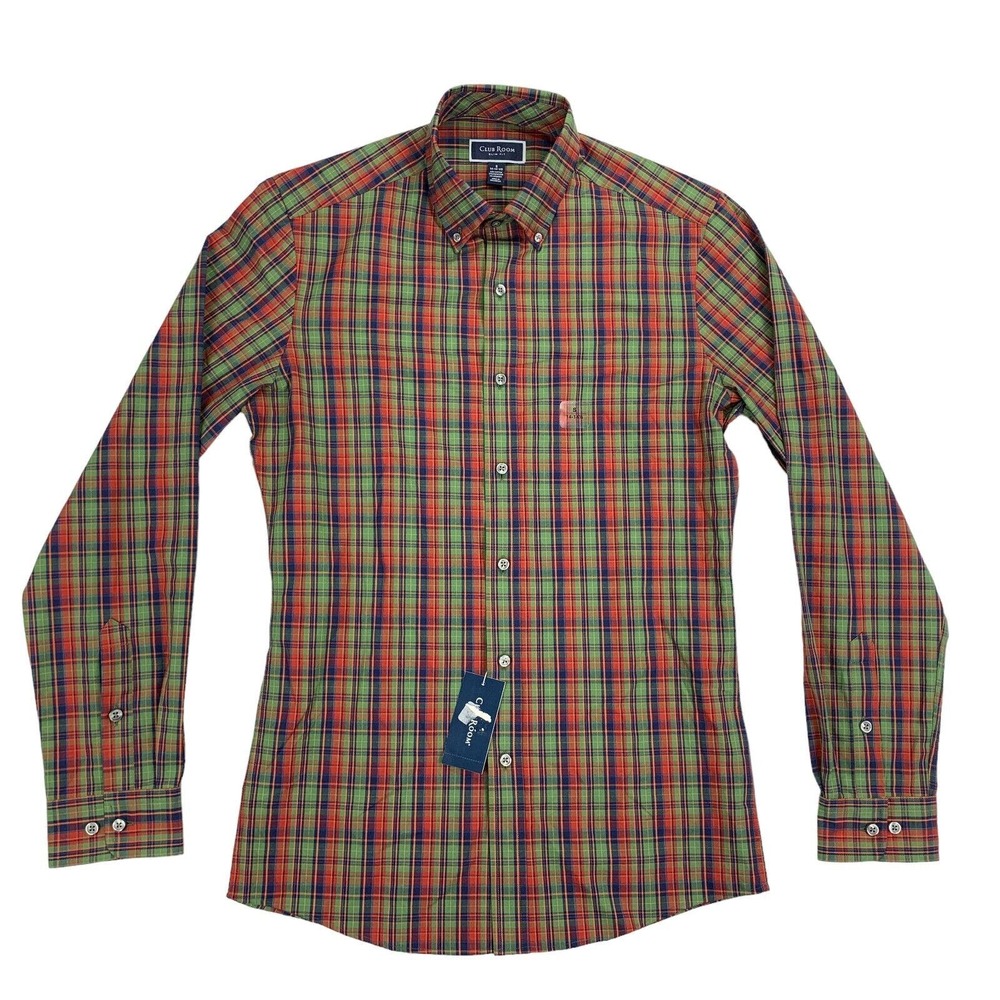 Club Room Mens Slim Fit 4-Way Stretch Plaid Dress Shirt Multicolor 14-14.5